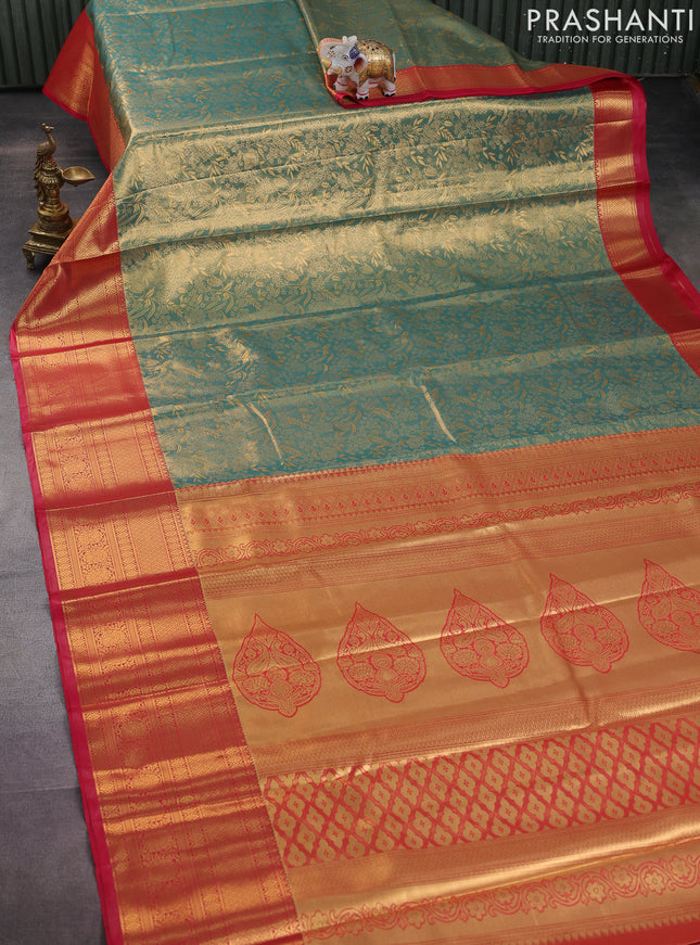 Bangalori tissue silk saree teal green shade and pink with allover zari woven brocade weaves and long zari woven border