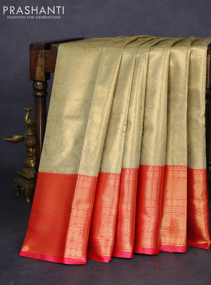 Bangalori tissue silk saree mild pista green and pink with allover zari woven brocade weaves and long zari woven border