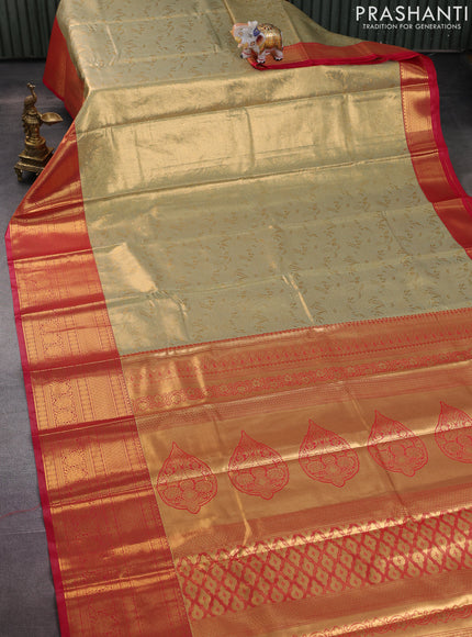 Bangalori tissue silk saree mild pista green and pink with allover zari woven brocade weaves and long zari woven border
