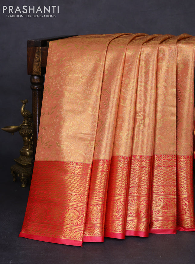 Bangalori tissue silk saree peach shade and red with allover zari woven brocade weaves and long zari woven border