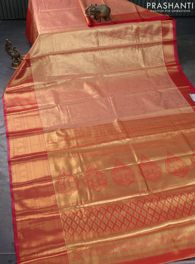 Bangalori tissue silk saree peach shade and red with allover zari woven brocade weaves and long zari woven border