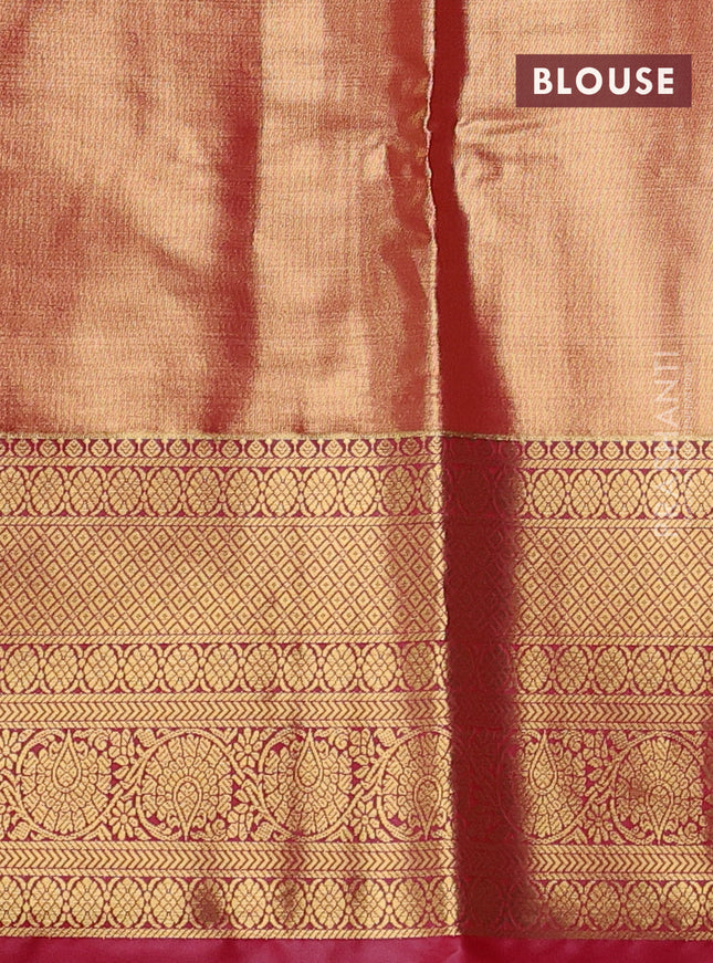 Bangalori tissue silk saree peach shade and red with allover zari woven brocade weaves and long zari woven border