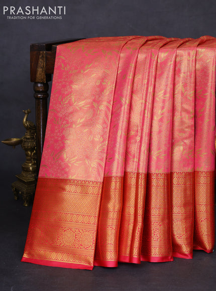 Bangalori tissue silk saree peach pink and reddish pink with allover zari woven brocade weaves and long zari woven border