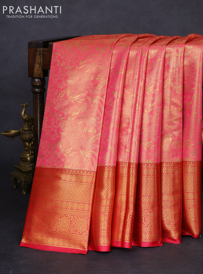 Bangalori tissue silk saree peach pink and reddish pink with allover zari woven brocade weaves and long zari woven border