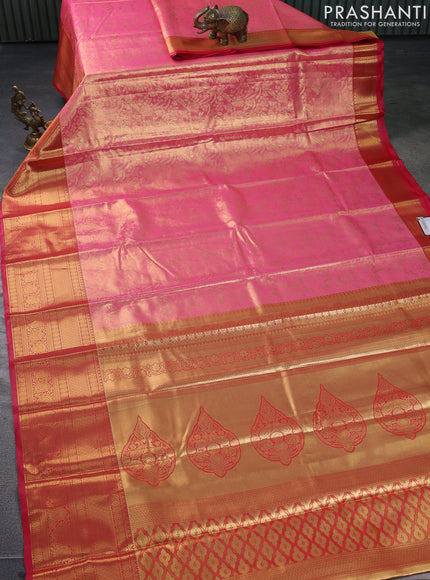 Bangalori tissue silk saree peach pink and reddish pink with allover zari woven brocade weaves and long zari woven border