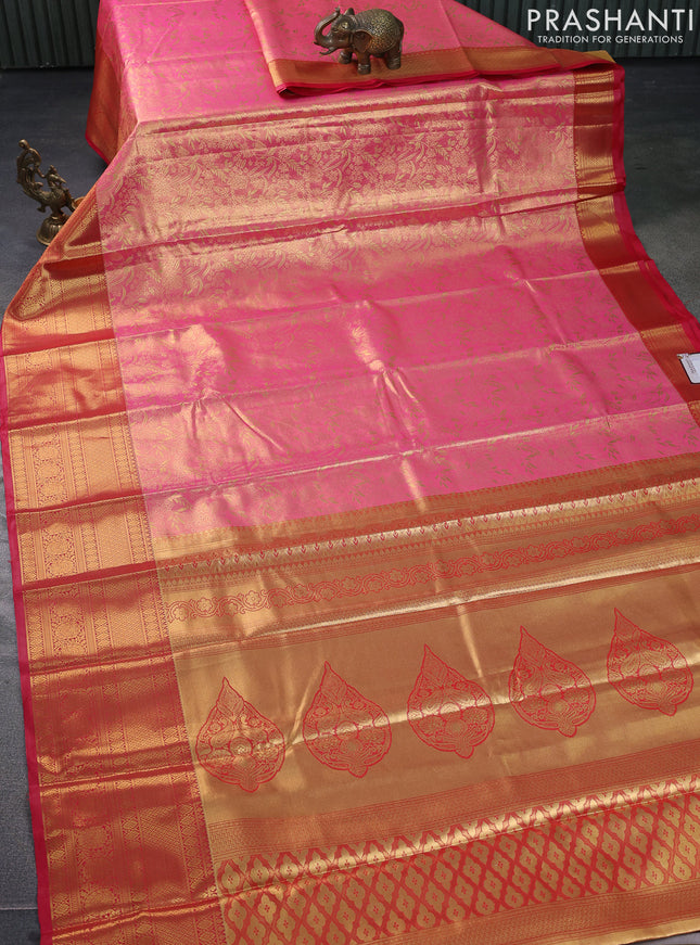 Bangalori tissue silk saree peach pink and reddish pink with allover zari woven brocade weaves and long zari woven border