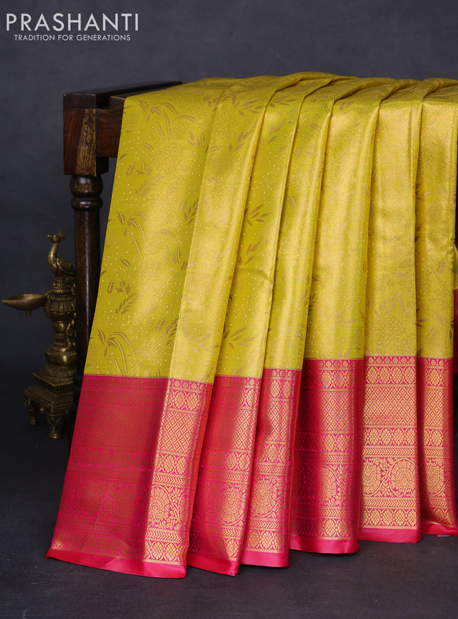 Bangalori tissue silk saree yellow and pink with allover zari woven brocade weaves and long zari woven border