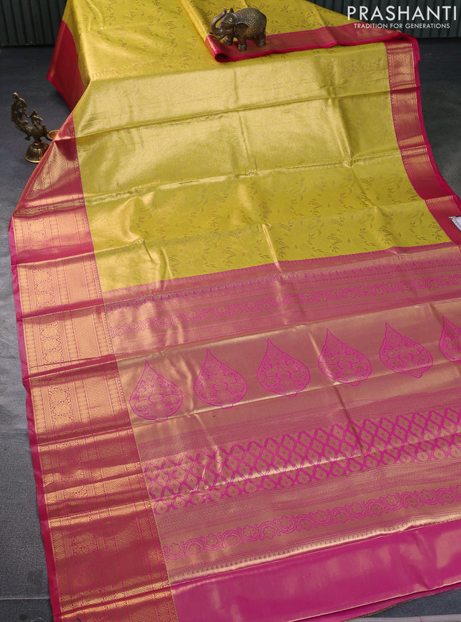 Bangalori tissue silk saree yellow and pink with allover zari woven brocade weaves and long zari woven border