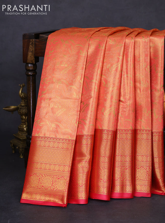 Bangalori tissue silk saree peach orange and reddish pink with allover zari woven brocade weaves and long zari woven border