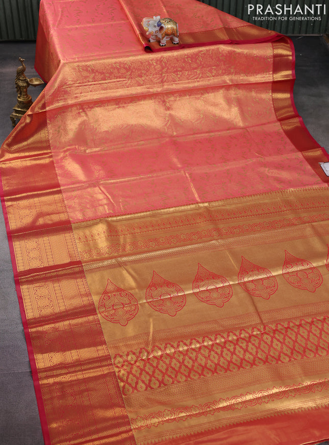 Bangalori tissue silk saree peach orange and reddish pink with allover zari woven brocade weaves and long zari woven border
