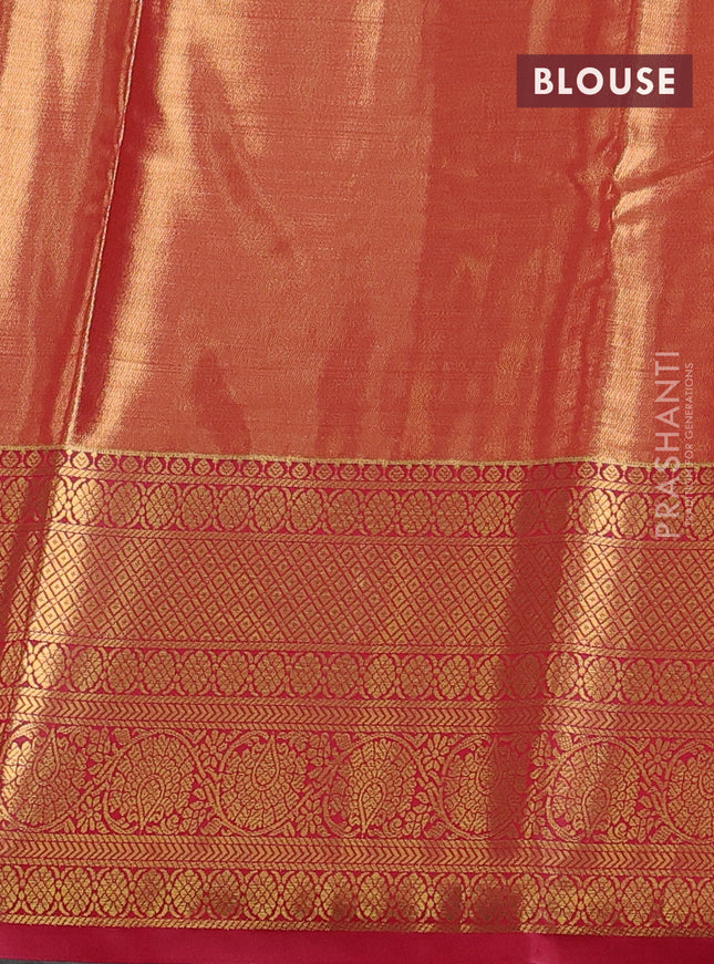 Bangalori tissue silk saree peach orange and reddish pink with allover zari woven brocade weaves and long zari woven border