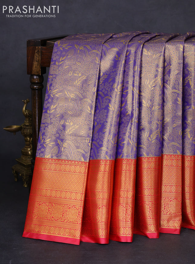 Bangalori tissue silk saree dual shade of blue and reddish pink with allover zari woven brocade weaves and long zari woven border