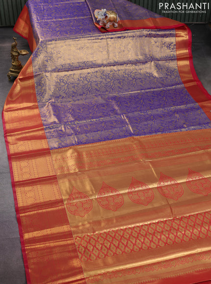 Bangalori tissue silk saree dual shade of blue and reddish pink with allover zari woven brocade weaves and long zari woven border