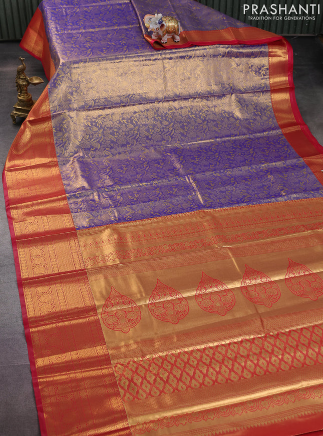 Bangalori tissue silk saree dual shade of blue and reddish pink with allover zari woven brocade weaves and long zari woven border
