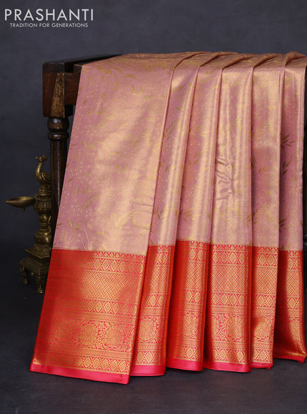 Bangalori tissue silk saree pastel pink and pink with allover zari woven brocade weaves and long zari woven border