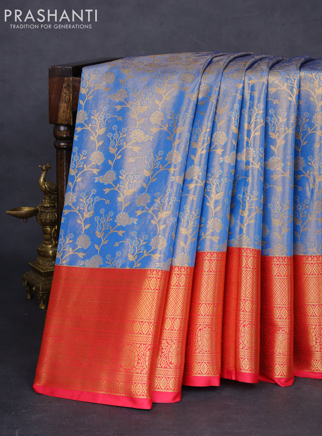 Bangalori tissue silk saree dual shade of blue and reddish pink with allover zari woven brocade weaves and long zari woven border