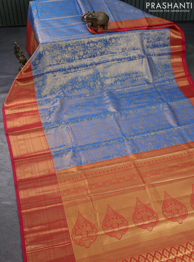 Bangalori tissue silk saree dual shade of blue and reddish pink with allover zari woven brocade weaves and long zari woven border