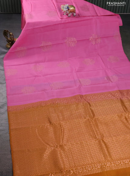Kanchipuram silk saree light pink and dark mustard with copper zari woven buttas in borderless style