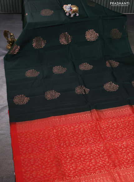 Kanchipuram silk saree bottle green and orange with copper zari woven buttas in borderless style
