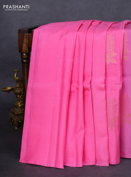 Kanchipuram silk saree light pink and teal blue with copper zari woven buttas in borderless style