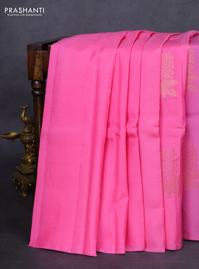 Kanchipuram silk saree light pink and teal blue with copper zari woven buttas in borderless style