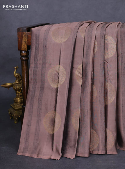 Kanchipuram silk saree pastel brown and dark mustard with zari woven buttas & jute finish in borderless style