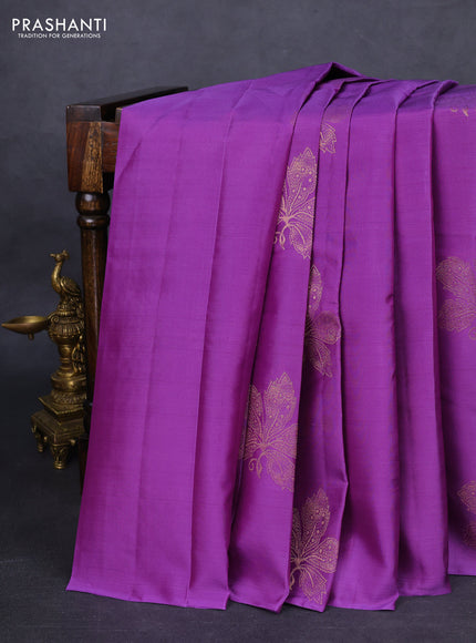 Kanchipuram silk saree purple shade and grey with copper zari woven buttas in borderless style