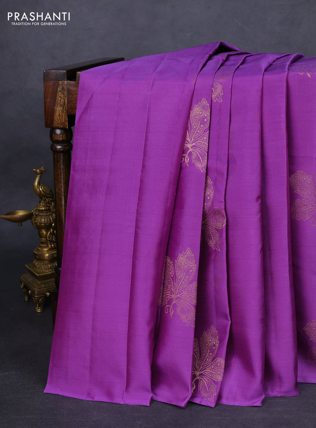 Kanchipuram silk saree purple shade and grey with copper zari woven buttas in borderless style