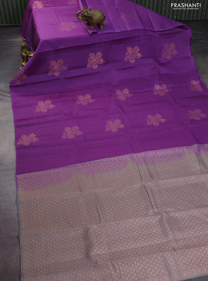 Kanchipuram silk saree purple shade and grey with copper zari woven buttas in borderless style