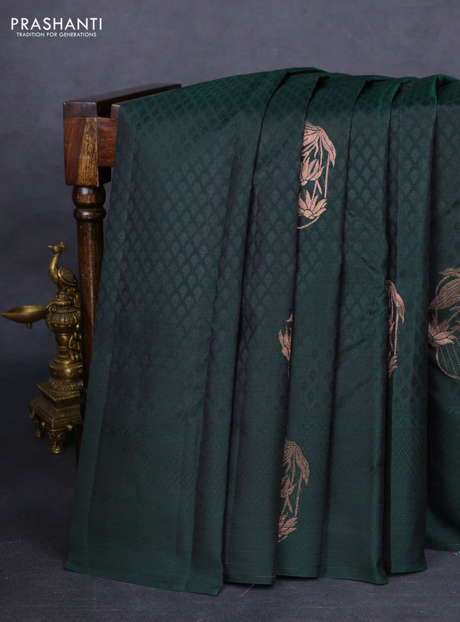 Kanchipuram silk saree bottle green and mustard shade with allover self emboss & copper zari buttas and self emboss border