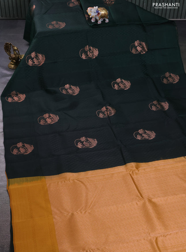 Kanchipuram silk saree bottle green and mustard shade with allover self emboss & copper zari buttas and self emboss border