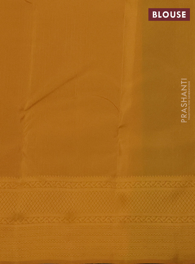 Kanchipuram silk saree bottle green and mustard shade with allover self emboss & copper zari buttas and self emboss border