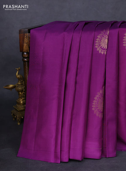 Kanchipuram silk saree deep purple and orange with copper zari woven buttas in borderless style
