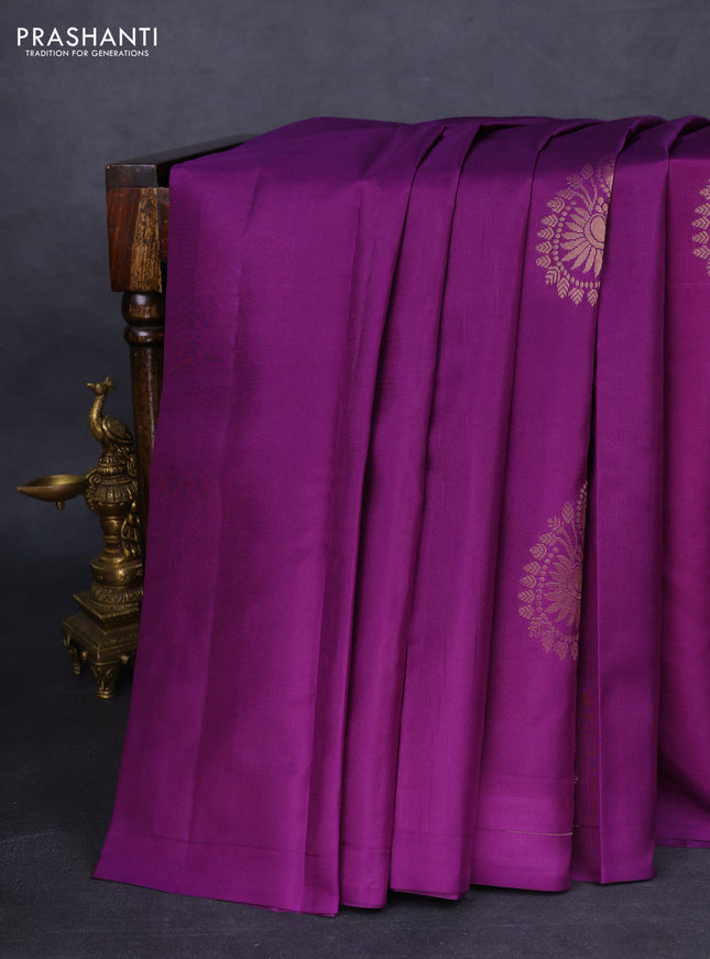Kanchipuram silk saree deep purple and orange with copper zari woven buttas in borderless style