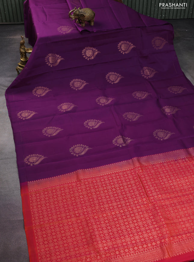 Kanchipuram silk saree deep purple and orange with copper zari woven buttas in borderless style