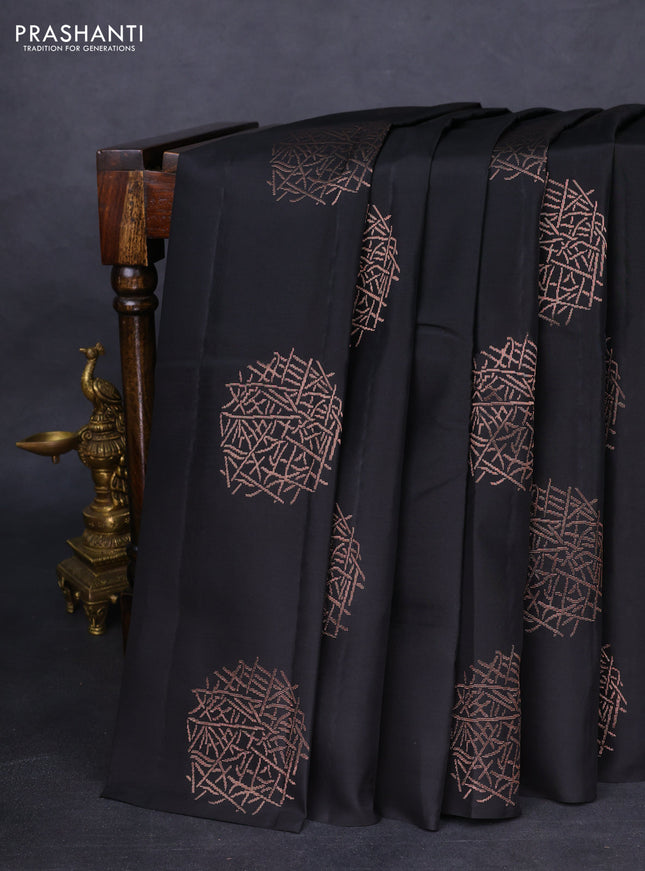 Kanchipuram silk saree black and lime green with copper zari woven buttas in borderless style