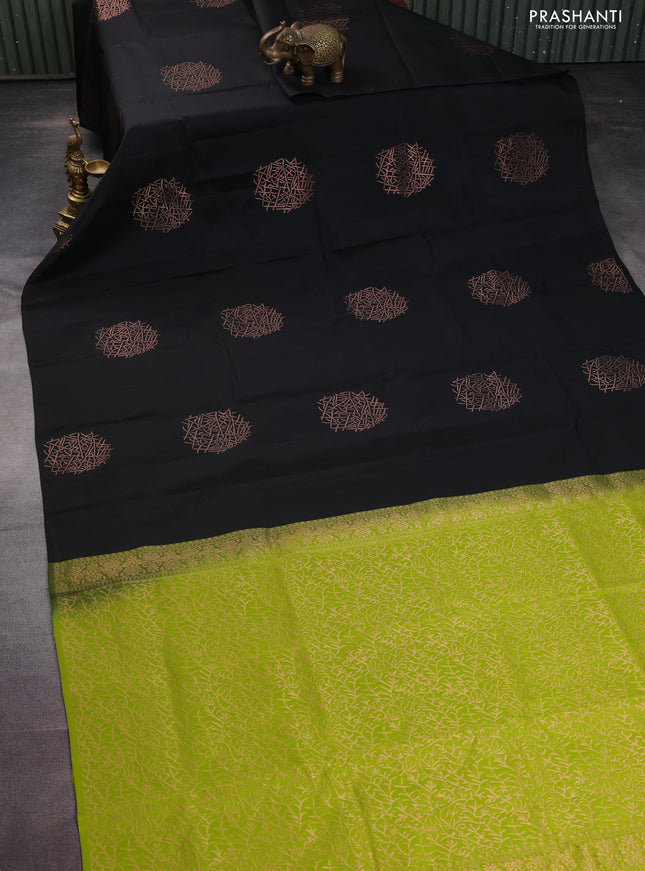 Kanchipuram silk saree black and lime green with copper zari woven buttas in borderless style