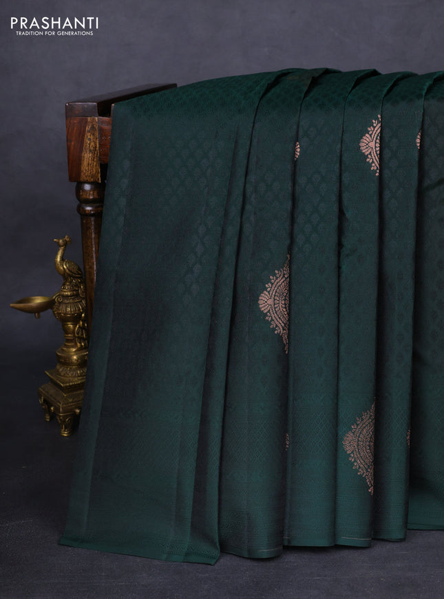Kanchipuram silk saree bottle green and dual shade of pinkish orange with self emboss & zari buttas in borderless style