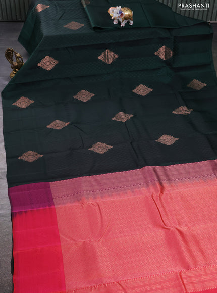 Kanchipuram silk saree bottle green and dual shade of pinkish orange with self emboss & zari buttas in borderless style