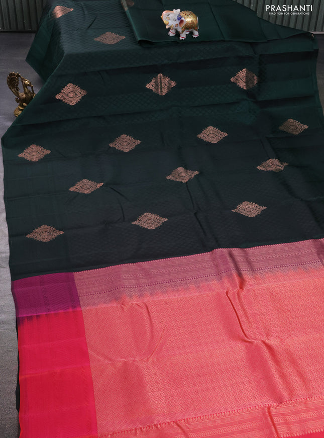 Kanchipuram silk saree bottle green and dual shade of pinkish orange with self emboss & zari buttas in borderless style
