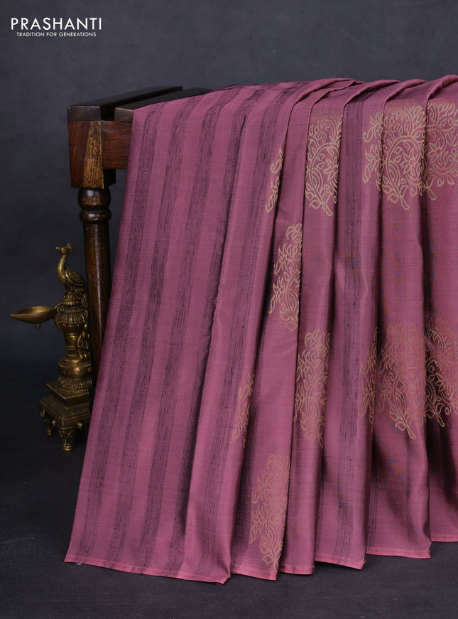 Kanchipuram silk saree mauve pink and wine shade with zari woven buttas & jute finish in borderless style