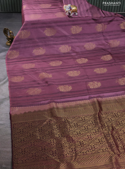 Kanchipuram silk saree mauve pink and wine shade with zari woven buttas & jute finish in borderless style