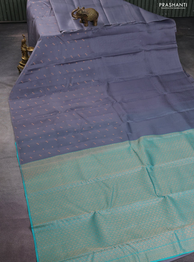 Kanchipuram silk saree grey and teal blue with hlaf & half style in borderless style