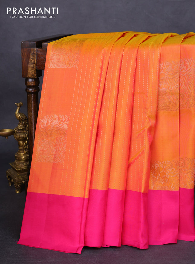 Kanchipuram silk saree dual shade of yellowish pink and pink with allover zari weaves & buttas and simple border