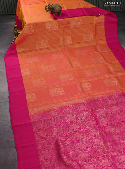 Kanchipuram silk saree dual shade of yellowish pink and pink with allover zari weaves & buttas and simple border