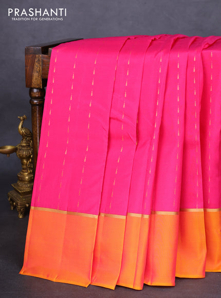 Kanchipuram silk saree pink and dual shade of yellow with allover zari woven temple buttas and zari woven simple border