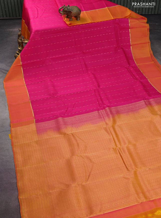 Kanchipuram silk saree pink and dual shade of yellow with allover zari woven temple buttas and zari woven simple border