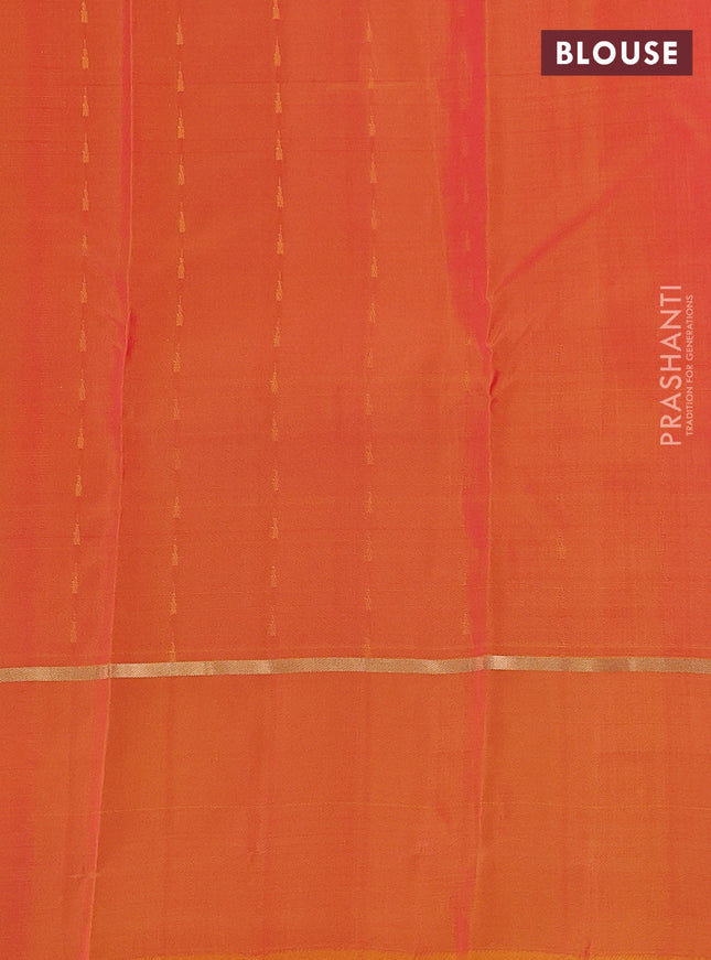 Kanchipuram silk saree pink and dual shade of yellow with allover zari woven temple buttas and zari woven simple border