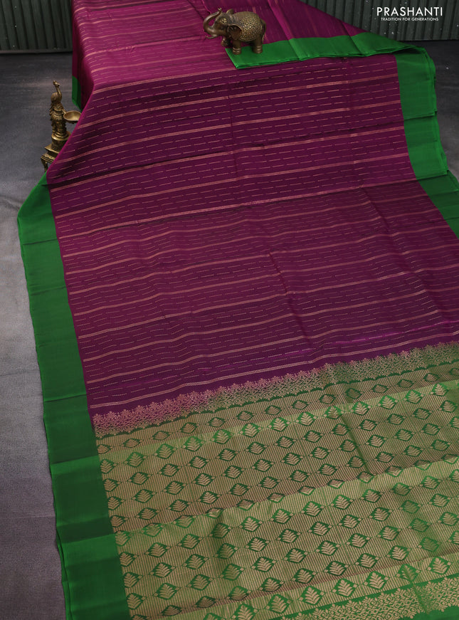 Kanchipuram silk saree purple and green with allover copper zari weaves and simple border