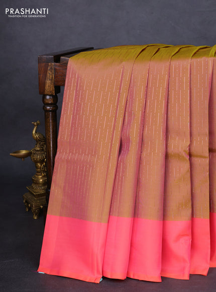 Kanchipuram silk saree dual shade of dark mustard and peach pink with allover copper zari weaves and simple border